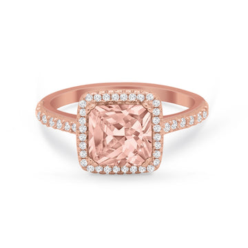 Halo Princess Cut Wedding Ring Rose Tone, Simulated Morganite CZ 925 Sterling Silver